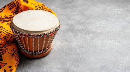 Wooden drum on gray surface with bright fabric, featuring cultural designs