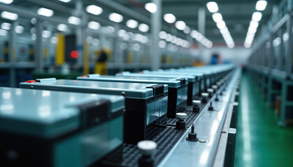 Electric vehicle battery cells move along automated production line in factory. Modern tech assembly line processes battery packs. Mass production of eco-friendly tech components. Automation handles