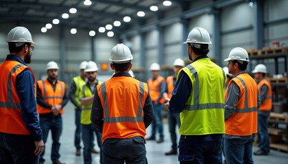 Industrial workers gather in large warehouse for safety training. Workers wear safety vests, hard hats. Instructor guides training. Group listens attentively. Pro training session on safety