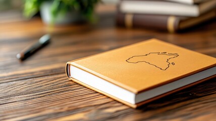 Beige notebook with Africa outline on wooden desk