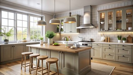 Fototapeta premium Scandinavian Beige & Grey Kitchen Island, Glass Lamps - Macro Detail Stock Photo