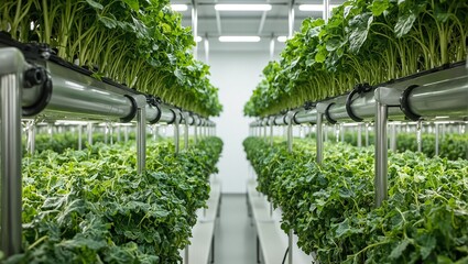 Modern indoor vertical farm with kale spinach and efficient irrigation systems under soft light
