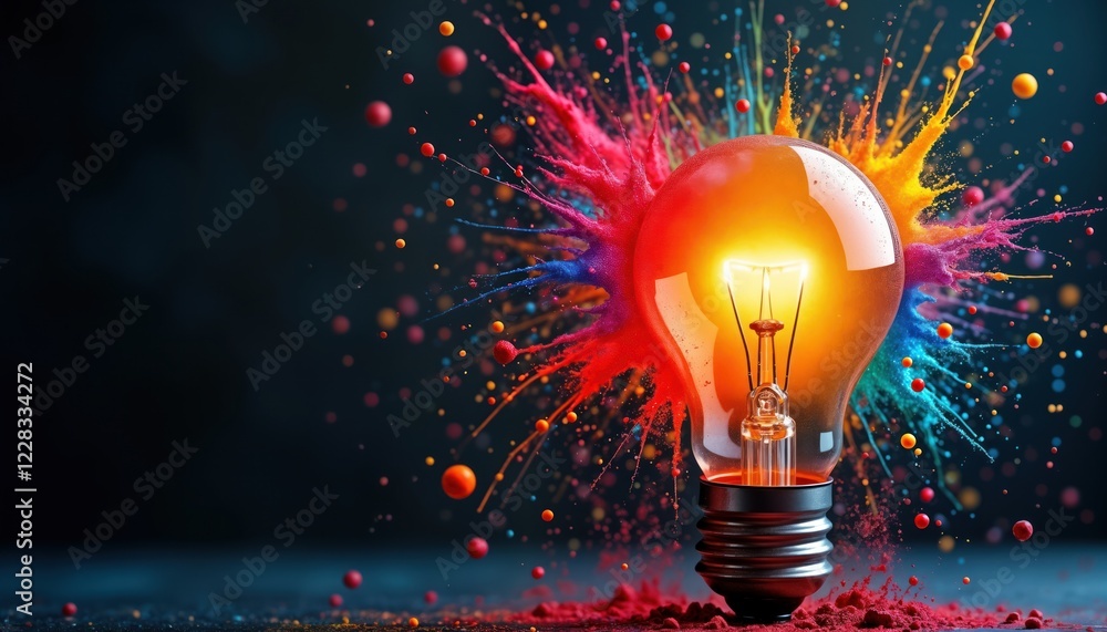 Poster colorful explosion surrounds light bulb innovative thinking. vibrant paints explode around glowing l