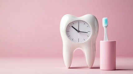 Tooth-shaped clock and toothbrush on pink background