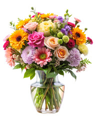 Obraz premium beautiful bouquet of pink and white roses in glass vase, isolated soft focus on the transparent background