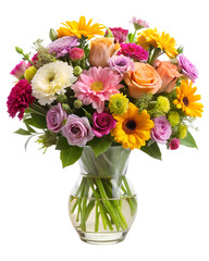 Fototapeta premium beautiful bouquet of pink and white roses in glass vase, isolated soft focus on the transparent background