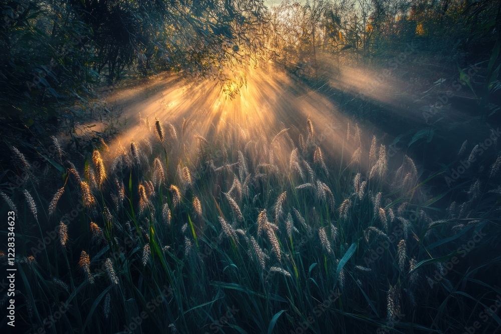 Fototapete rays of sunlight illuminate golden ears of wheat in a serene field at dawn. generative ai