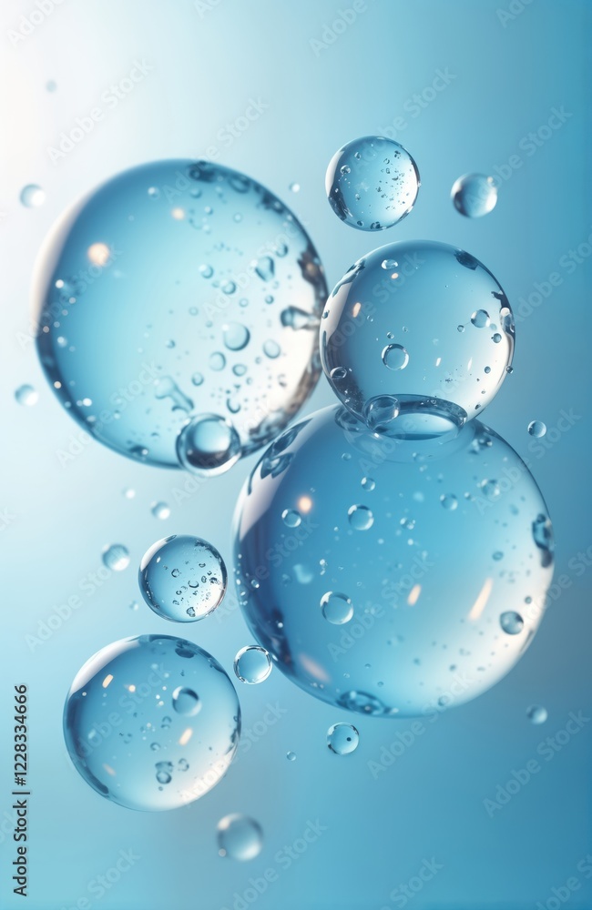Aufkleber light blue transparent bubbles float on solid background. bubbles geometric pattern, clear liquid. w