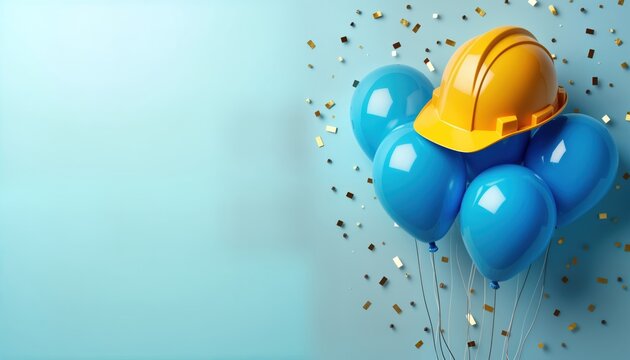 Construction worker helmet sits atop bunch of blue balloons. Confetti decorates light blue background. Image celebration of labor, teamwork. Festive party theme suggests event banners invitations