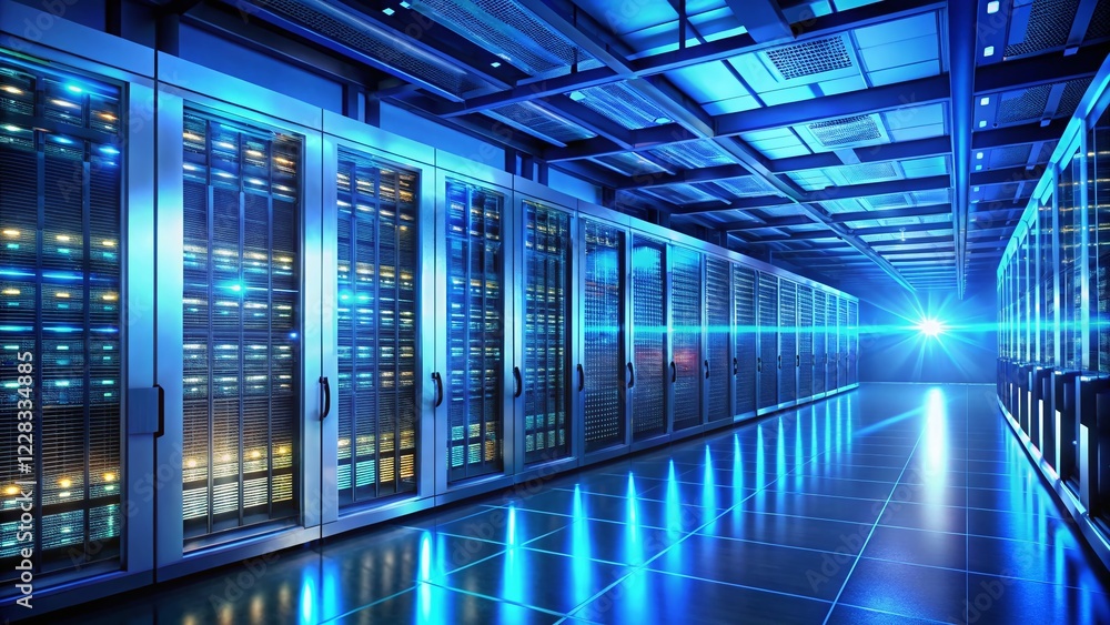 Poster secure data center: minimalist blue lit server rack & quantum computer