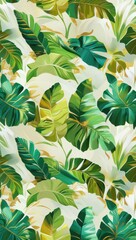 a mesmerizing repeating pattern of lush, vibrant tropical leaves in shades of emerald, lime, mint, and olive green, subtly accented with warm, sun-kissed hints of gold, set against a gentle