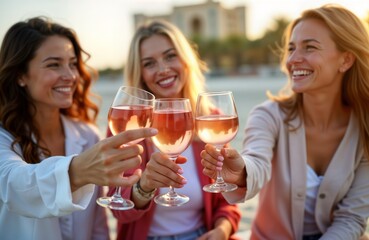 Three happy women friends clinking glasses of rose wine outdoors in Dubai. Smiling, fun. Holiday celebration vacation gathering. Sitting on terrace outdoor eatery. Stylish, fashionable outfits,