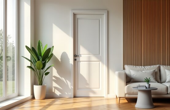 Fototapeta Modern Scandinavian style interior white door, light colored room. Sunlight streams into room with large window. Stylish plant in stylish pot stands near window. Light beige couch by wooden wall.