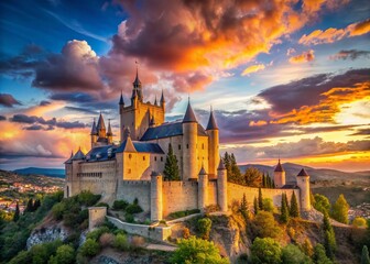 Fototapeta premium Segovia Castle Sunset: Romantic Medieval Fortress in Spain