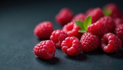 Scattered raspberries on dark background, shallow depth of field , delicious raspberries, summer fruit