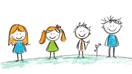 Colorful hand-drawn stick figures of children smiling together on a green grassy field with a flag