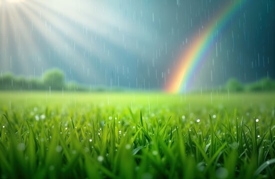 Vibrant green field covered in dew drops under double rainbow on rainy day. Nature shows its serene beauty. Freshness, moisture are evident in grass. Beautiful landscape. Perfect for spring or summer.