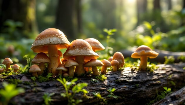 A hyper-realistic shot of mushrooms growing on a fallen log in a dense forest. The mushrooms' textures should be vividly detailed, with a focus on their different shapes and sizes, some wit