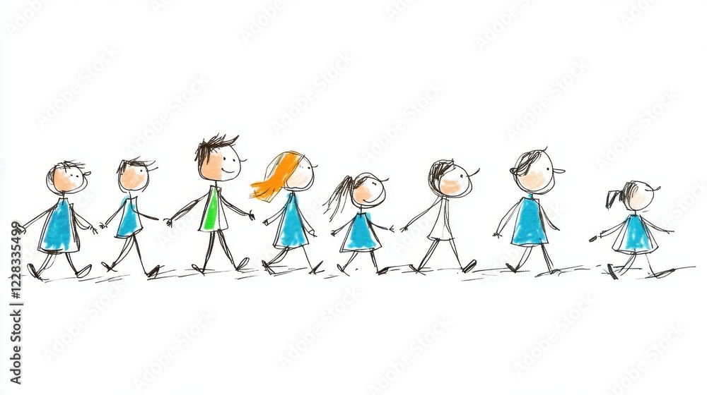 Poster hand-drawn characters walking in a row, diverse group with cheerful expressions and colorful clothin