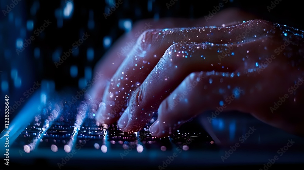 Poster hands typing on illuminated keyboard in dark room with glowing particles and blue light effect creat