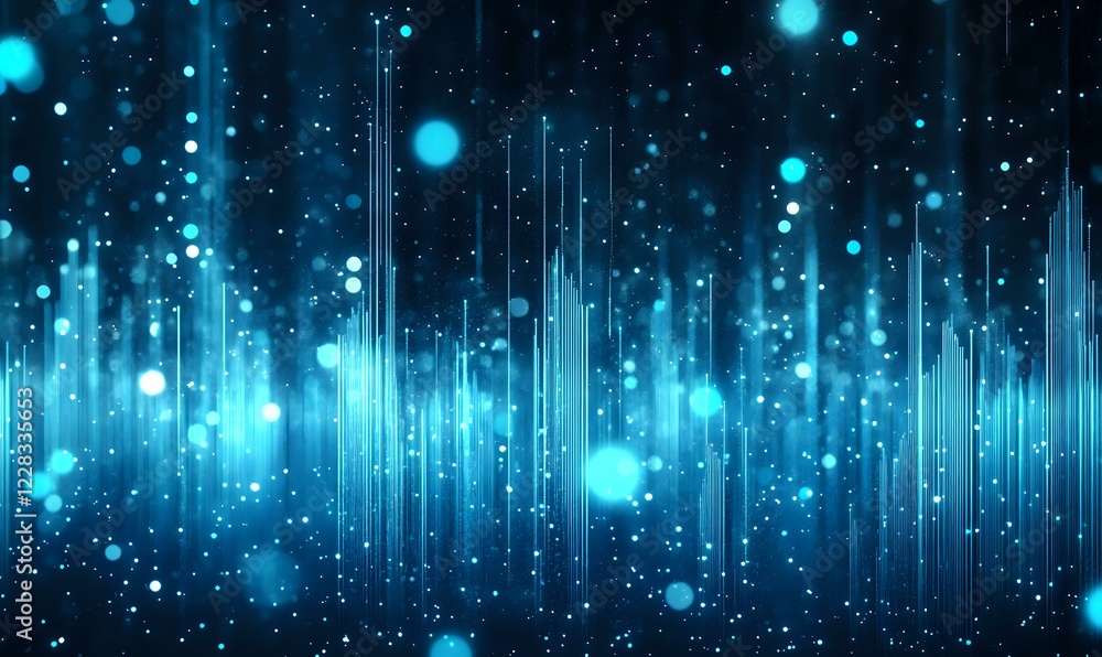 Poster glowing blue sound waves with bokeh light effects on dark background create futuristic audio visuali