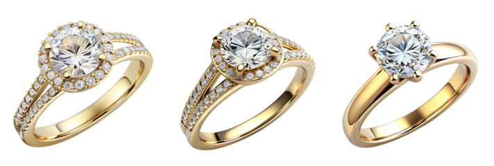 set of beautiful gold engagement ring with a diamond,  isolated soft focus on the transparent background