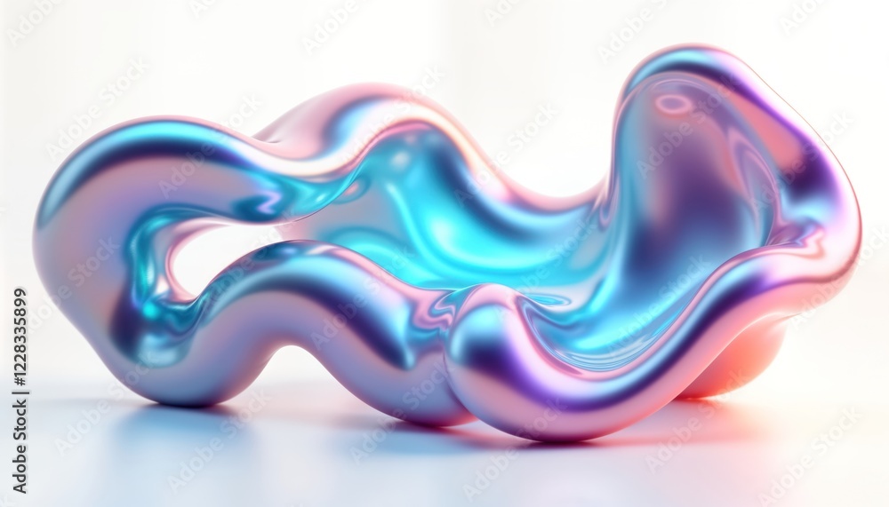 Poster Abstract 3D form with flowing liquid metallic shapes. Fluid forms blend in vibrant colors. Shiny, iridescent. Dynamic, trendy. Modern design. Isolated on white background. Graphic element for various