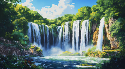 Fototapeta premium Majestic waterfall cascading down a lush green cliff into a river below, surrounded by vibrant foliage and a clear blue sky. Shaded Falls. Illustration