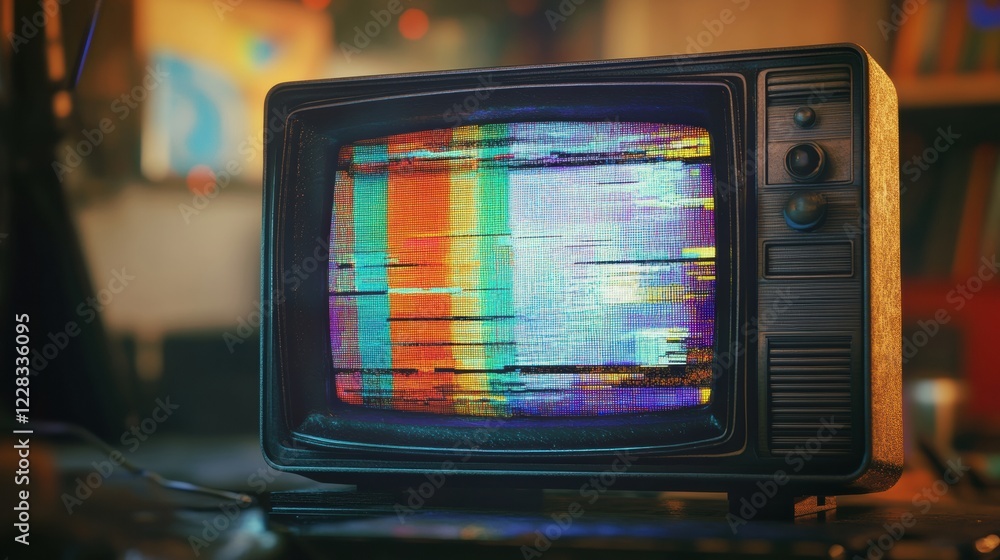 Poster Retro television screen displaying vibrant static noise and colorful glitch patterns in a cozy indoor setting. Generative AI