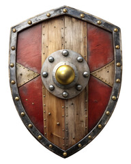 Naklejka premium medieval wooden and steel shield, isolated soft focus on the transparent background