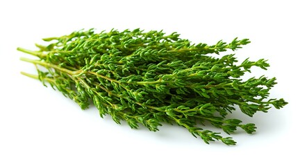 Fresh green thyme sprigs with tender leaves isolated on white background, aromatic culinary herb for cooking and garnishing dishes.