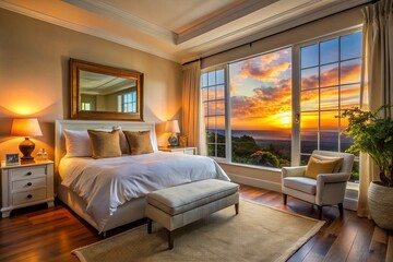 Serene Evening Bedroom: White Bed, Large Mirror, Window Light