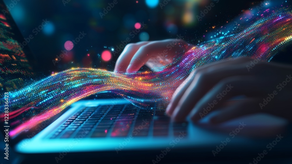 Poster the hand deftly works on a laptop keyboard featuring vibrant lines and numbers, capturing the essenc