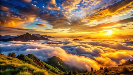 Naklejka premium Serene Golden Hour Mountain Panorama: Dreamy Cloudscape Stock Photo