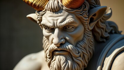 Obraz premium Close-up view of ancient satyr statue. Detailed sculpted head, face. Ancient Greek mythology art piece. Possible historical subject. Expertly crafted marble-like material. Mature satyr figure with