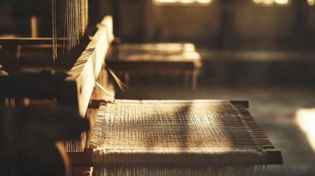 Scene of a weaving setup. Featuring loom, threads, and a woven fabric. Highlighting the art of weaving. Ideal for DIY and craft blogs.