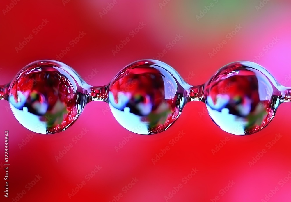 Poster macro photography of water drops in line creating spherical reflections against vibrant red backgrou