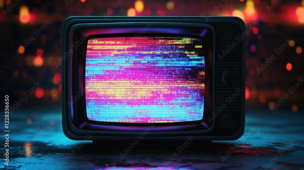 Poster retro television screen displays colorful static noise and glitch patterns in a nostalgic setting wi