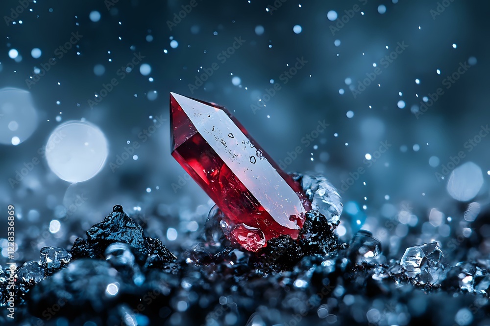 Poster mystical red crystal emerging from dark surface with water drops and bokeh lights creating magical a
