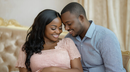 Obraz premium Expecting couple smiling with love and joy in an elegant setting.
