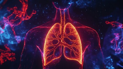 An abstract representation of a human respiratory system with glowing airways and dynamic lines against a dark, cosmic background, Neon style