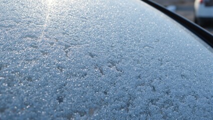 Delicate frost patterns on car windshield glistening in sunlight