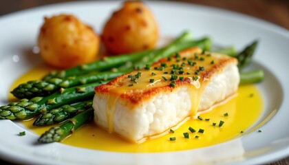 Delicate cod fillet with lemon butter sauce served with steamed asparagus, crispy potatoes on white plate. Fresh, healthy food presentation. Elegant, flavorful dish. High quality food, restaurant