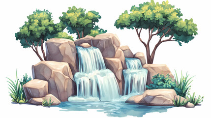 Fototapeta premium Waterfall in a forest clipart, landscape element, watercolor style, soft shades, isolated on white background. Shaded Falls. Illustration