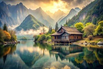 Fototapeta premium Serene Lakeside Cottage in Misty Mountains: A Tilt-Shift Chinese Ink Painting
