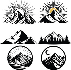 Set of Mountain Logos with Sun, Moon, and Forest Elements