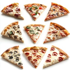 Variety of pizza slices with diverse toppings, minimalist white background, modern aesthetic, appealing for culinary themes