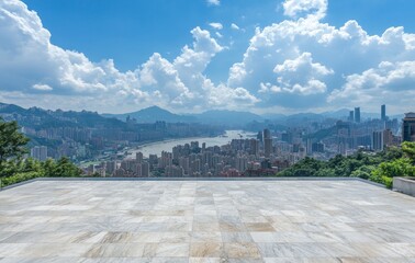 Obraz premium The unoccupied marble floor reveals a captivating panoramic view of the vibrant, modern city skyline as the blueness of the sky stretches above.