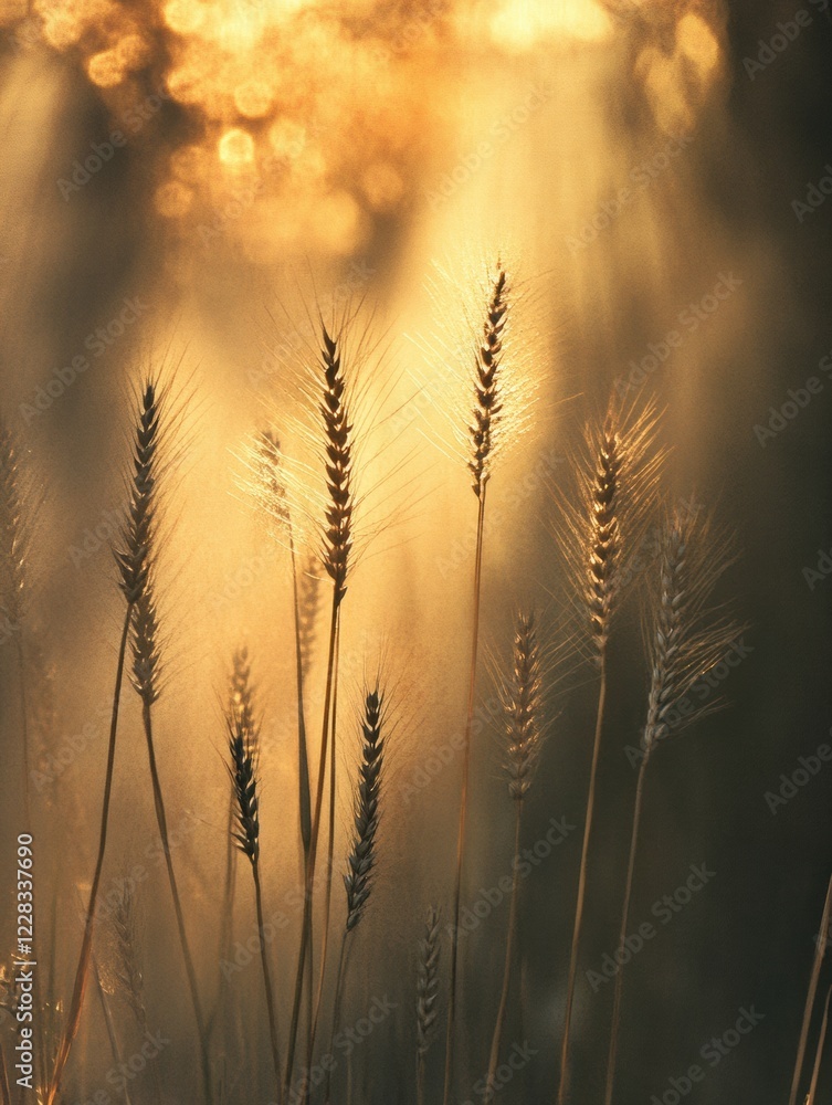 Aufkleber golden rays illuminating swaying ears of wheat in a tranquil field at dawn. generative ai