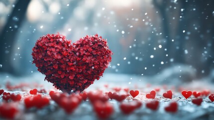 Dramatic heart-shaped floral arrangement in winter scene with falling snow. Ideal for romantic and creative storytelling.